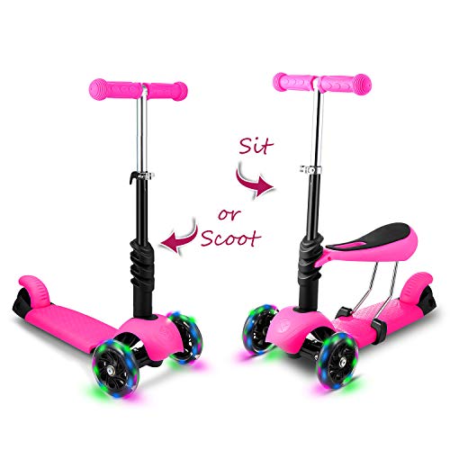 Hikole Patinete para niños con Asiento Plegable y Manillar Ajustable, Patinete de 3 Ruedas para Niñas y Niños de 2 a 8 Años 50 kg de Carga (Rosa-3)