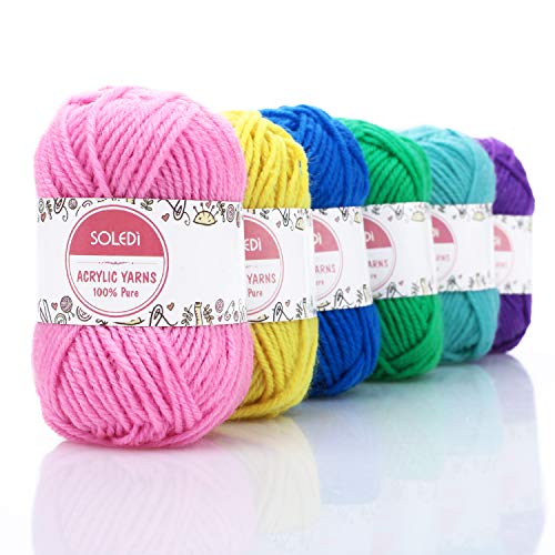 Hilo Acrílico SOLEDI Ovillos de Lanas de Hilo lana prémium Hilados Madejas, perfecto para DIY y tejer a mano, con gratis ganchillo y bolsa de almacenamiento (50 g * 12 colores)