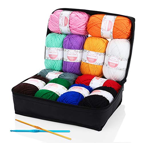 Hilo Acrílico SOLEDI Ovillos de Lanas de Hilo lana prémium Hilados Madejas, perfecto para DIY y tejer a mano, con gratis ganchillo y bolsa de almacenamiento (50 g * 12 colores)