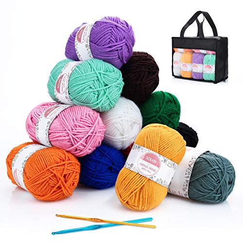 Hilo Acrílico SOLEDI Ovillos de Lanas de Hilo lana prémium Hilados Madejas, perfecto para DIY y tejer a mano, con gratis ganchillo y bolsa de almacenamiento (50 g * 12 colores)