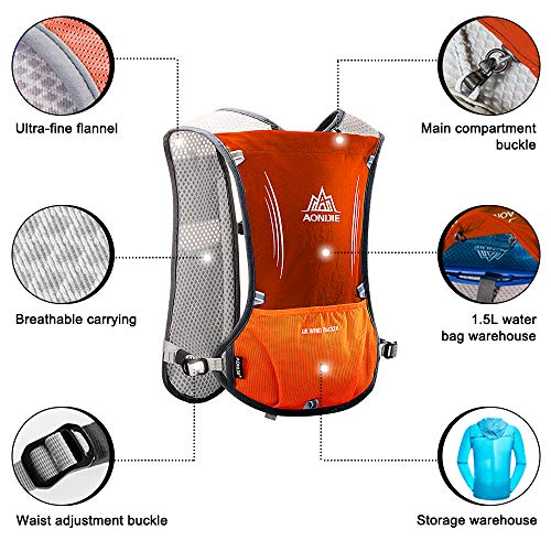 HINATAA 5L Multifunción Mochilas de Hidratación,Súper Ligero Chalecos de Hidratación Malla Transpirable, Correas Ajustables Hydration Mochila, para Hacer Senderismo, Escalar, Maratones (Naranja)