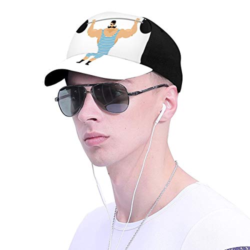 Hip Hop Sun Hat Baseball Cap,Comic Retro Strong Muscular Bodybuilder with Moustache Doing Weightlifting Sport,For Men&Women