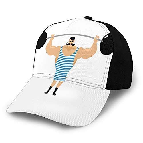 Hip Hop Sun Hat Baseball Cap,Comic Retro Strong Muscular Bodybuilder with Moustache Doing Weightlifting Sport,For Men&Women