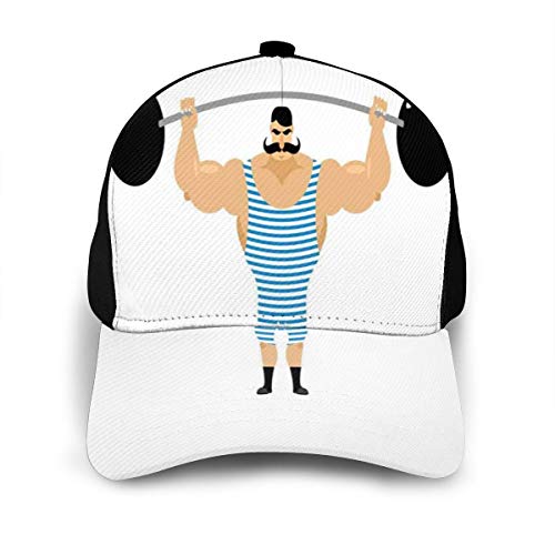 Hip Hop Sun Hat Baseball Cap,Comic Retro Strong Muscular Bodybuilder with Moustache Doing Weightlifting Sport,For Men&Women