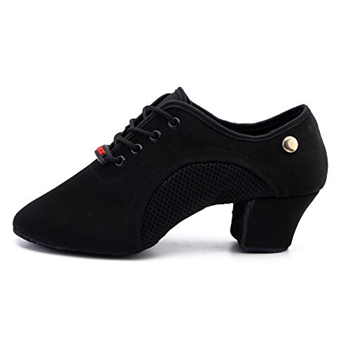 HIPPOSEUS Zapatillas de Baile Latino para Mujeres con Punta Cerrada Zapatos de Entrenamiento de salón de Baile Suela de Gamuza de tacón bajo,NJB701，Negro,EU 37