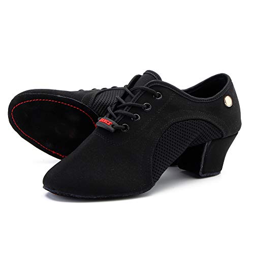 HIPPOSEUS Zapatillas de Baile Latino para Mujeres con Punta Cerrada Zapatos de Entrenamiento de salón de Baile Suela de Gamuza de tacón bajo,NJB701，Negro,EU 37