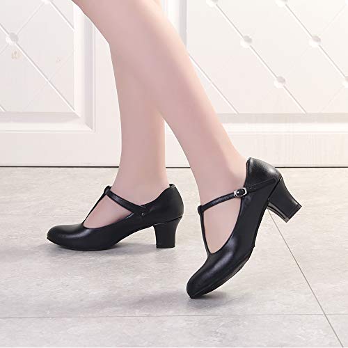 HIPPOSEUS Zapatos de Baile de carácter con Punta Cerrada para Mujer T-Strap - Salón de Baile Salsa Latina Tango Zapatos de práctica de Baile Zapato de Vestir de Baile,Negro,EU 38