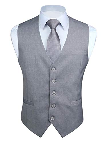 HISDERN Chaleco formal para hombres Fiesta de negocios Chaleco de algodon Chaleco de color s¨®lido Gris-1