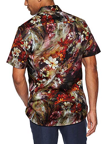 HISDERN Hombre Funky Hawaiian Floral Shirts Manga Corta Bolsillo Delantero, lNegro & Amarillo & Marron, XXL