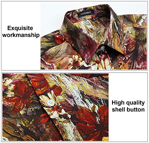 HISDERN Hombre Funky Hawaiian Floral Shirts Manga Corta Bolsillo Delantero, lNegro & Amarillo & Marron, XXL