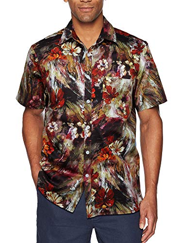 HISDERN Hombre Funky Hawaiian Floral Shirts Manga Corta Bolsillo Delantero, lNegro & Amarillo & Marron, XXL