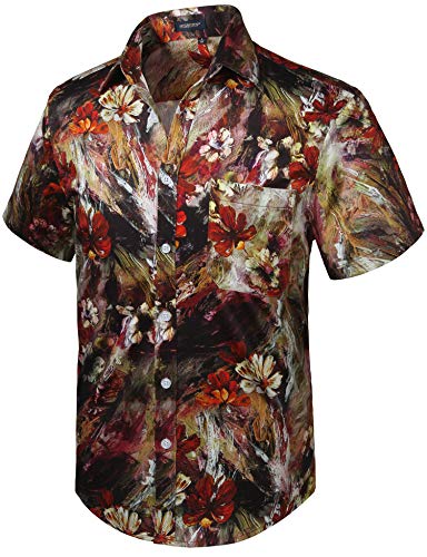 HISDERN Hombre Funky Hawaiian Floral Shirts Manga Corta Bolsillo Delantero, lNegro & Amarillo & Marron, XXL