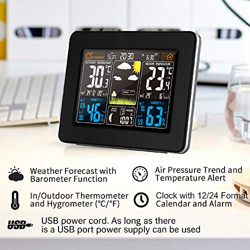 HITECHLIFE Estación Meteorológica Multifuncional, Reloj Despertador Digital Inalámbrico, Barómetro, Monitor de Temperatura, Humedad, Pronóstico del Tiempo para El Jardín de su Casa (Sin Sensor) Negro