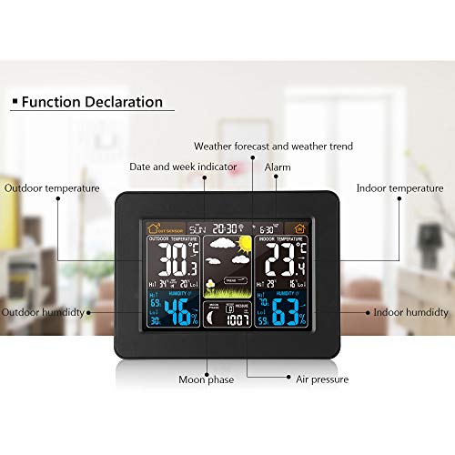 HITECHLIFE Estación Meteorológica Multifuncional, Reloj Despertador Digital Inalámbrico, Barómetro, Monitor de Temperatura, Humedad, Pronóstico del Tiempo para El Jardín de su Casa (Sin Sensor) Negro