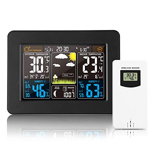 HITECHLIFE Estación Meteorológica Multifuncional, Reloj Despertador Digital Inalámbrico, Barómetro, Monitor de Temperatura, Humedad, Pronóstico del Tiempo para El Jardín de su Casa (Sin Sensor) Negro