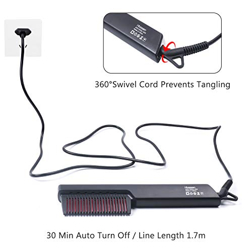 Hiveseen Peine Alisador Barba, Cepillo Alisador de Pelo Ionico 2 in 1, Pantalla LED, PTC Cerámica Calefacción en 30s, Anti-quemaduras, 6 Temperaturas Regulable, Apagar Automáticamente para Hombres