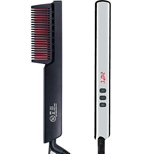 Hiveseen Peine Alisador Barba, Cepillo Alisador de Pelo Ionico 2 in 1, Pantalla LED, PTC Cerámica Calefacción en 30s, Anti-quemaduras, 6 Temperaturas Regulable, Apagar Automáticamente para Hombres