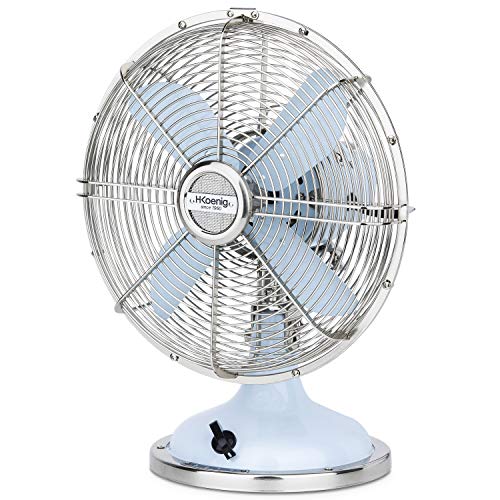 H.Koenig JOE50 Ventilador Azul Claro, Ventilador Eléctrico Retro Vintage, Diseño Silencioso, 3 Velocidades, Fijo y Oscilación 90ºC, Metal, Ajuste Vertical, Pie Antideslizante