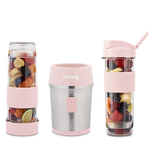 H.Koenig SMOO12 Batidora de Vaso Portátil, Smoothie Maker, Batidora Americana Para Zumos, Batidos, Smoothies, Capacidad de 570 mL, 300 W, Incluye 2 Botellas Deportivas Portátiles, Rosa Palo