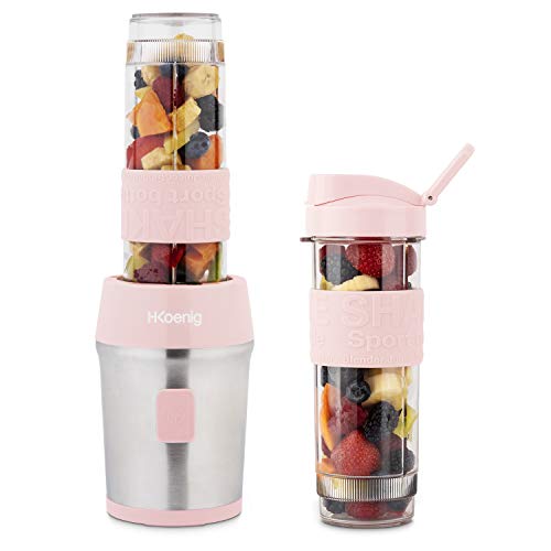 H.Koenig SMOO12 Batidora de Vaso Portátil, Smoothie Maker, Batidora Americana Para Zumos, Batidos, Smoothies, Capacidad de 570 mL, 300 W, Incluye 2 Botellas Deportivas Portátiles, Rosa Palo