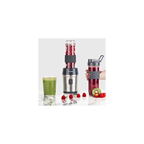 H.Koenig SMOO9 Batidora de Vaso Portátil, Smoothie Maker, Mini Batidora Para Zumos, Batidos, Smoothies, Capacidad de 570 mL, 300 W, Incluye 2 Botellas Deportivas Portátiles, Acero Inoxidable