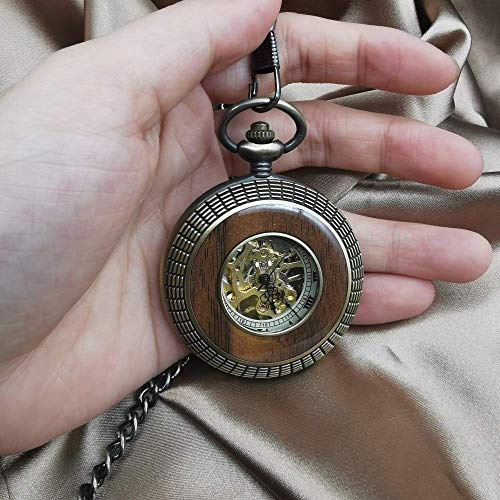 HLJ Reloj de Bolsillo, Madera Retro Mecánico Fob Cadena Steampunk Skeleton Hombres Reloj Masculino Collar Colgante Papá Regalo, Reloj de Bolsillo WAL (Color : Bronze)