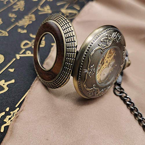 HLJ Reloj de Bolsillo, Madera Retro Mecánico Fob Cadena Steampunk Skeleton Hombres Reloj Masculino Collar Colgante Papá Regalo, Reloj de Bolsillo WAL (Color : Bronze)