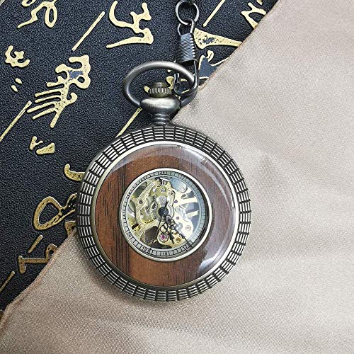 HLJ Reloj de Bolsillo, Madera Retro Mecánico Fob Cadena Steampunk Skeleton Hombres Reloj Masculino Collar Colgante Papá Regalo, Reloj de Bolsillo WAL (Color : Bronze)