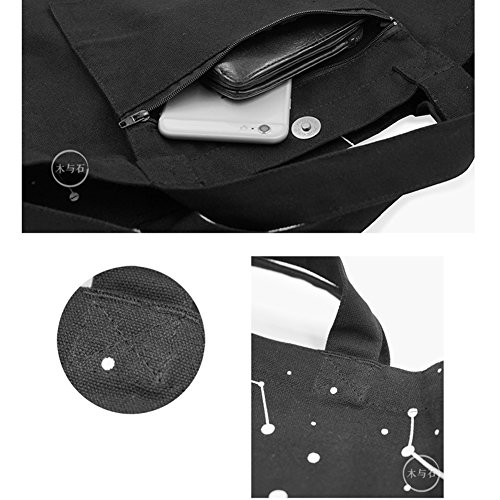 HM&DX Lona Totes Bolsos Hobo Hombro comestibles Compras Almuerzo Bandolera con Cremallera con Correa Ajustable para el Recorrido de la Escuela Playa Citas Salida picinic Camping Gimnasio Yoga -Negro