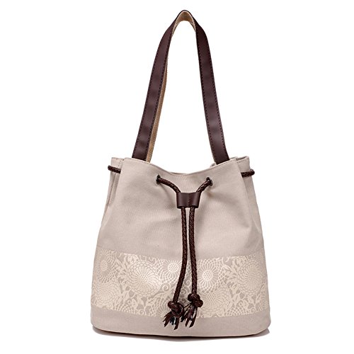 HM&DX Lona Totes Bolsos Hobo Hombro Compras de Las Mujeres Bolsa de Almuerzo para Escuela Viajes Playa Picnic Camping Citas Salida Gimnasio Yoga-Blanquecino