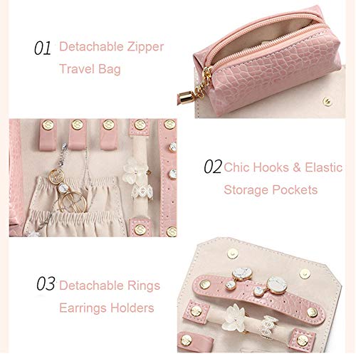 HM&DX Viajar Caja joyero Organizador, Joyas Rollo Bolsa de Viaje Caso de Las Mujeres, Portátil Joyería Caja de Almacenamiento para Collares, Aretes, Anillos-Rosado