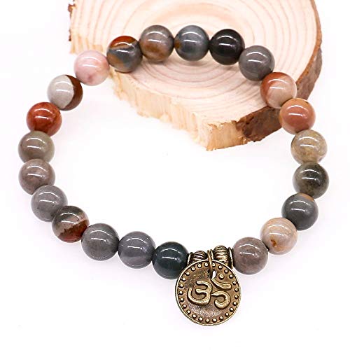 HMKLN Perlas de Jasperr policromadas Naturales Hombres Pulsera y brazaletes de Cobre Pendiente Charm Surf Estiramiento Pulseras para Mujeres niñas Yoga