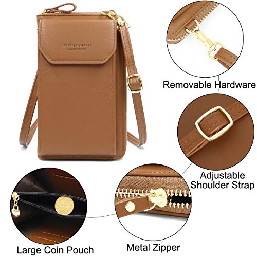 HNOOM Bolso Movil Mujer, Bolso Bandolera Móvil, Bolso Pequeño Bandolera para Damas Mujeres con Ranuras para Tarjeta de Correa (Marrón)