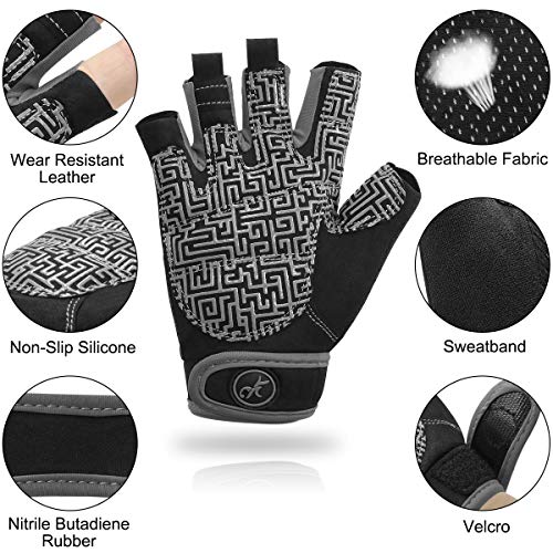 HNOOM Guantes Gimnasio Hombre Mujer, Guantes Pesas, Gym Guantes Fitness Transpirable con Protección Palma, Antideslizante Guantes Crossfit para Levantamiento de Pesas, Musculación, Fitness (Gris, M)