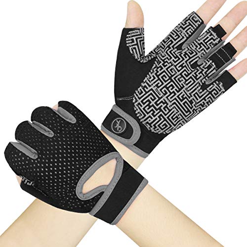 HNOOM Guantes Gimnasio Hombre Mujer, Guantes Pesas, Gym Guantes Fitness Transpirable con Protección Palma, Antideslizante Guantes Crossfit para Levantamiento de Pesas, Musculación, Fitness (Gris, M)