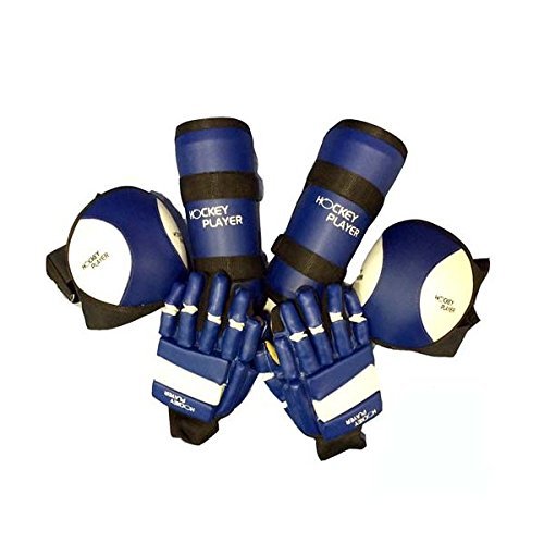 HOCKEYPLAYER Set Compuesto por un par de Guantes, un par de Rodilleras y un par de Espinilleras de Jugador de Hockey sobre Patines de Ruedas en Paralelo Fabricado en Vinilo Modelo Eco (Azul, L)