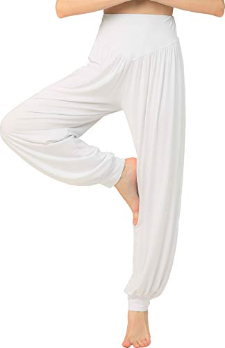 Hoerev Pantalón ancho de Yoga, tejido elástico muy suave, Blanco