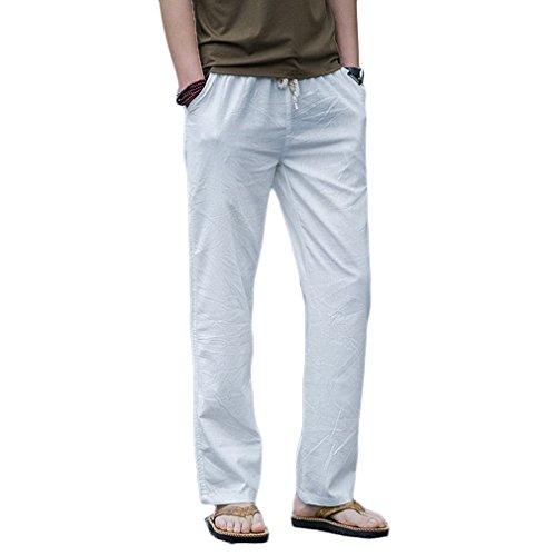 Hoerev Pantalones de Lino Informales de Verano para Hombre Estilo Playero,Blanco,Medium