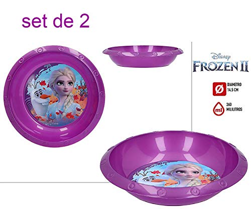 Hogar y Mas Plato Hondo Plástico Duro Infantil X2, Reutilizable para Niños 260ML. Modelo Frozen II, Vajillas Disney ø14,5 cm
