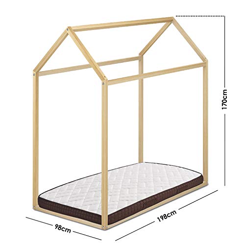 HOGAR24 ES Cama Infantil Tipo Montessori, Casita Madera Maciza Natural + Colchón Viscobrown Medidas; 90 x 190 cm