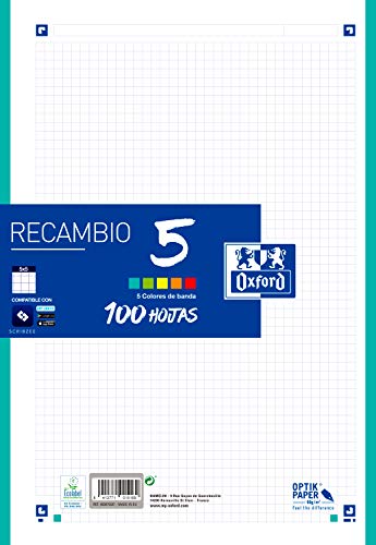 Hojas cuadriculadas A4 Recambio Oxford. Banda 5 colores. 100 Hojas. Cuadrícula 5x5.