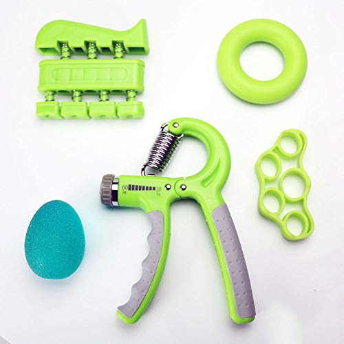 HOKIT Ajustable Kit de Entrenamiento Fortalecedor de Agarre de Manos Ajustable empuñadura de Mano empuñadura de antebrazo Anillo de Ejercicio y Bola de Agarre(5 Pcs),Verde