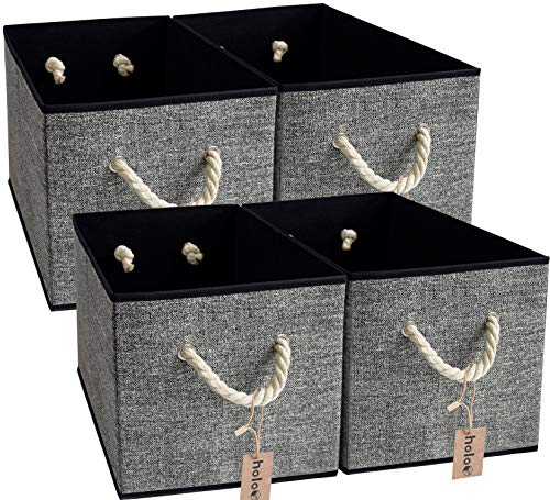 HoloSales Holo - Caja de almacenamiento plegable con asas de algodón, sin tapa, para oficina, habitación de los niños, armario (negro/gris, 4) HoloSales Holo - Caja de almacenamiento plegable con asas de algodón, sin tapa, para oficina, habitación de los niños, armario (negro/gris, 4)