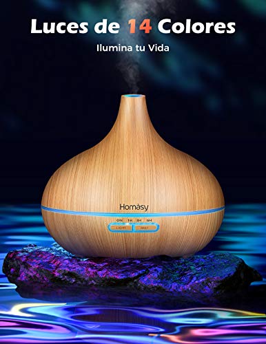 Homasy 500ml Difusor de Aromaterapia con 6 Botellas de Aceite Esencial 100% Puro, Difusor de Aroma Silencioso y Silencioso, 7 Luces LED de Color, sin BPA para el Hogar y la Oficina, Amarillo