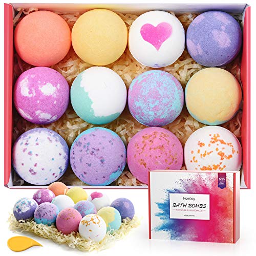 Homasy Bombas de Baño, Set de Regalo de Bomba de Baño de 12 Piezas con Aceites Esenciales Naturales, Manteca de Karité, Sal Marina, Efervescentes