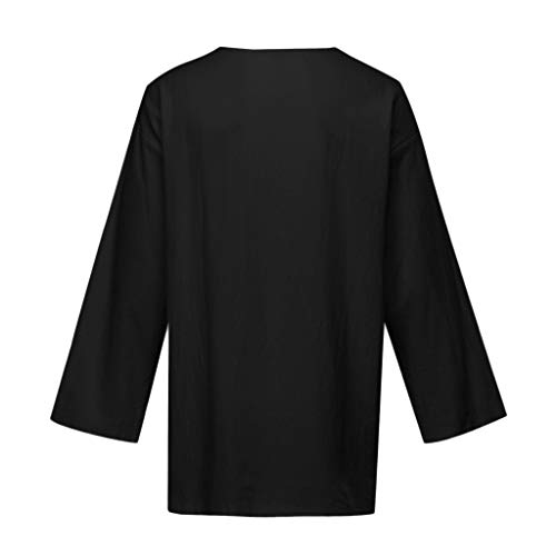 Hombre Camisas Lino Manga Larga Otoño Camiseta Abierta Cuello V Color Sólido Camisas Informales Anchas Suave Transpirable Blusa Casual Top(Negro,M)