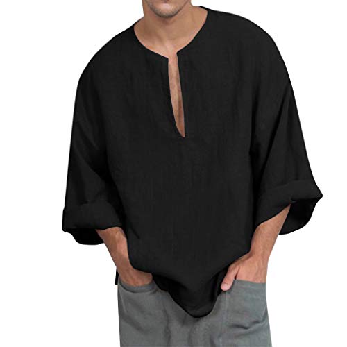 Hombre Camisas Lino Manga Larga Otoño Camiseta Abierta Cuello V Color Sólido Camisas Informales Anchas Suave Transpirable Blusa Casual Top(Negro,M)
