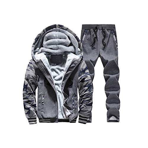 Hombre Chándal 2 Piezas,Otoño Invierno Espesar Camuflaje Traje Chaqueta Deportiva Sudadera de Lana con Capucha con Cremallera y Pantalón Abrigo de Deportes Pantalones Jogger Conjuntos Gris A XXL