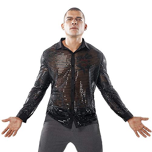 Hombre Club de Fiesta Camisa Traje Delgado Sexy - Lentejuelas Brillantes Negro Oro Plata Discoteca Estilos Manga Larga botón Disco Dance Tops Disfraz Fiesta Clubwear Cosplay (Black,XXL)