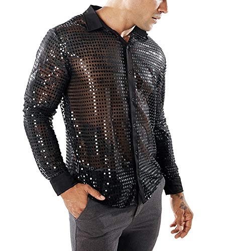 Hombre Club de Fiesta Camisa Traje Delgado Sexy - Lentejuelas Brillantes Negro Oro Plata Discoteca Estilos Manga Larga botón Disco Dance Tops Disfraz Fiesta Clubwear Cosplay (Black,XXL)